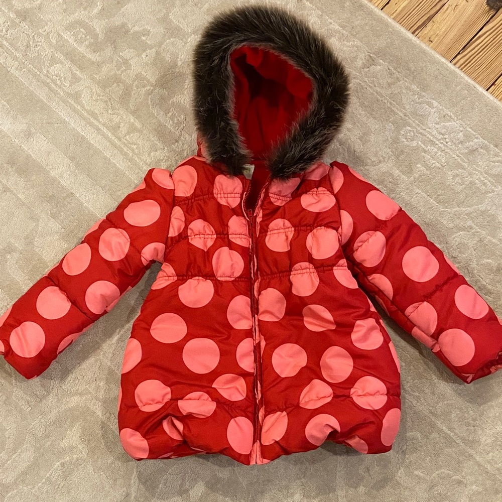 Crazy 8 Puffer Ciat with Pink Dots and Faux Fur Hood Size 5